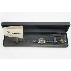 NIB Womens Genevex Diamond Watch Gold Tone Black Dial Faux Leather Band Battery